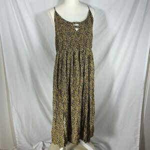 Mariane Women 2X Floral Smocked Maxi Dress Black Yellow Daisy Rayon Boho Slit